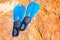 Blue scuba diving fins on summer day over rock