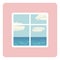 Blue sea and beach behind open window - illustration of summer vacation. vector sea outside window. Stay at home