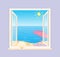 Blue sea and beach behind open window - vector illustration of summer vacation