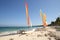 Blue sea with a boat and sailfish on the beach, with white sand and palm trees on the shore