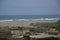 Blue sea or ocean and sandy coast with plants and street lights on a gloomy day