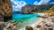 The blue sea, sand and rocks on a beautiful Mediterranean beach