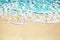 Blue sea wave, white foam, golden sand beach, turquoise ocean water close up, summer holidays border frame concept, copy space