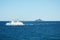 Blue sea waves, boat in movement, and horizon, natural landscape