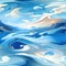 Blue sea with white clouds and wave patterns in a cartoon abstraction style (tiled)