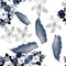 Blue Seamless Background. White Pattern Design. Azure Tropical Exotic. Cobalt Flower Art. Gray Spring Hibiscus.