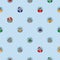 Blue seamless pattern of different hippos. Happy, sad, angry, in love, female with lipstick, Santa hippopotamus, Happy Birthday,