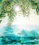 Blue seaside Summer tropic card Vector watercolor. Palm leaves and sunshine views