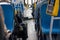 Blue seats on public transport.