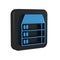 Blue Server, Data, Web Hosting icon isolated on transparent background. Black square button.