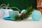 Blue set cup with a saucer with a Christmas tree branch and a garland