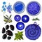Blue set of spa salon accessories - basalt stones, massage oil, towel, candles, aromatic salt