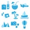 Blue set of travel, recreation and vacation icons. Tourism types. Vector
