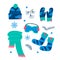 Blue set winter warm sports or ski wear and accessories, mittens, hat, scarf, goggles and socks. Clothed flat vector