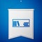Blue Shelf with books icon isolated on blue background. Shelves sign. White pennant template. Vector Illustration