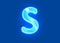Blue shine neon light glassy transparent font - letter S isolated on dark blue, 3D illustration of symbols
