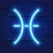 Blue shining cosmic neon zodiac Pisces symbol on brick wall background. Astrology concept.