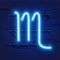 Blue shining cosmic neon zodiac Scorpio symbol on brick wall background. Astrology concept.