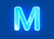 Blue shiny neon light glassy transparent font - letter M isolated on dark blue, 3D illustration of symbols
