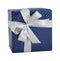 Blue shiny paper wrap gift box white ribbon present christmas birthday isolated