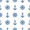 Blue ship wheel and anchor seamless pattern print. Marine vector seamless pattern design. Nautical print