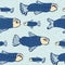 Blue Shoal of Fish, Seamless Seaweed Animal Vector Pattern Background
