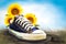 Blue shoe with sun flowers scene