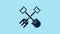 Blue Shovel and rake icon isolated on blue background. Tool for horticulture, agriculture, gardening, farming. Ground