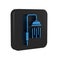 Blue Shower head with water drops flowing icon isolated on transparent background. Black square button.