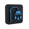 Blue Shower head with water drops flowing icon isolated on transparent background. Black square button.