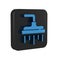 Blue Shower head with water drops flowing icon isolated on transparent background. Black square button.