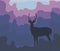 Blue silhouette of a deer against a background of blue forest evening trees, lilac pink clouds and setting sun vector illustration