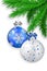 Blue and silver Christmas balls hanging on spruce twig