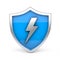 Blue and silver shield with silver thunderbolt on white background. Blue and silver shield with lightning front view.