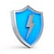 Blue and silver shield with silver thunderbolt on white background. Blue and silver shield with lightning left view.