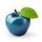 Blue single realistic shiny apple with green leaf on white background. AI generative illustration