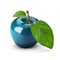 Blue single realistic shiny apple with leaves on white background. AI generative illustration