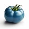 Blue single realistic shiny tomato on white background. AI generative illustration