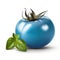 Blue single realistic shiny tomato on white background. AI generative illustration