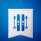 Blue Ski and sticks icon isolated on blue background. Extreme sport. Skiing equipment. Winter sports icon. White pennant