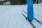 blue skis close-up top view on the ski track on the snow, healthy lifestyle, no people, hobby