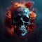 A blue skull surrounded by flowers and smoke. Generative AI image.