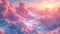 blue sky above clouds, in the style of photorealistic fantasies, light magenta, chromatic landscape, hyper-detailed