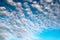 Blue sky background with white clouds. Beautiful cloud scape. Altocumulus clouds. Copy space