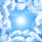 Blue sky background with white clouds and sun. Realstic cloudy effect.