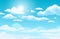 Blue sky with clouds. Anime style background with shining sun and white fluffy clouds. Sunny day sky scene cartoon