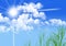Blue sky with clouds, grass and sun