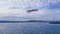 Blue sky, clouds, ocean and flaying seagull