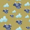 Blue sky with clouds and snowy mountains on brown background. Seamless pattern. Travel, tourism, outdoors, camping, sports, hiking