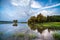 Blue sky and cloudy over river area. Serenity nature background.